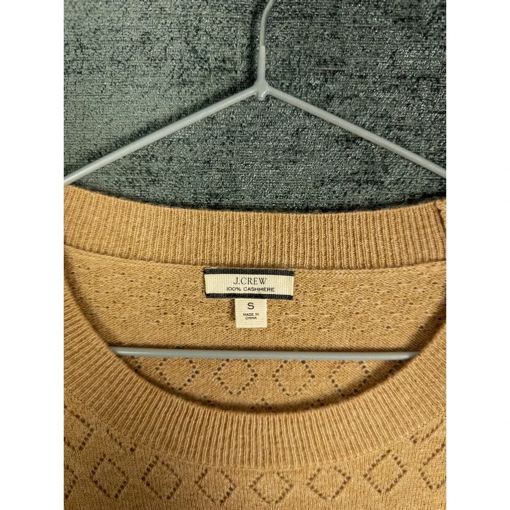 J. Crew 100% Cashmere Crewneck Sweater Womens S Camel Tan Ruffle Pointelle